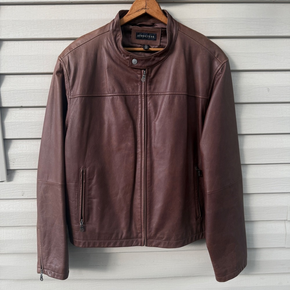 Structure Men XXL Leather Cafe Racer Jacket Brown Moto Biker‎ Zip Up Vintage